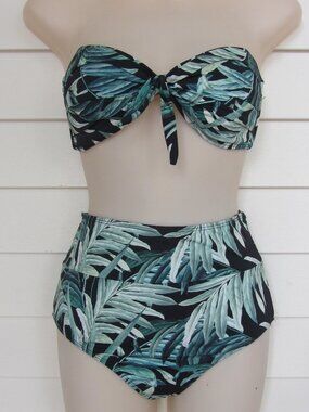 Beach Joy Tropical Palm 2-Piece Strapless Top High Waist Bottom Bikini